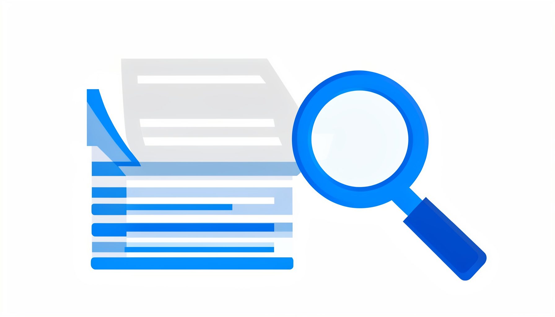 Flat vector illustration of a stack of research papers and a magnifying glass in light grey, white, and blue tones, orderly and academic mood