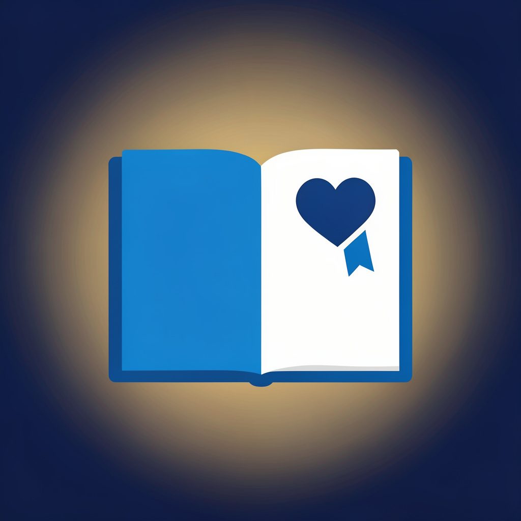 A flat vector illustration of an open journal with a heart-shaped bookmark, set against a warm gradient background of deep navy and soft gold, conveying generosity and academic community.