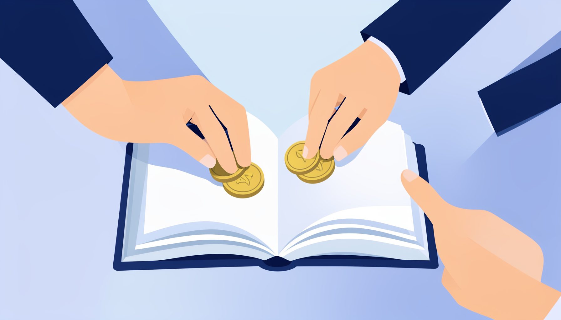 A flat vector illustration of diverse hands placing coins into an open book, with soft navy and warm gold tones, symbolizing community support for academic publishing.