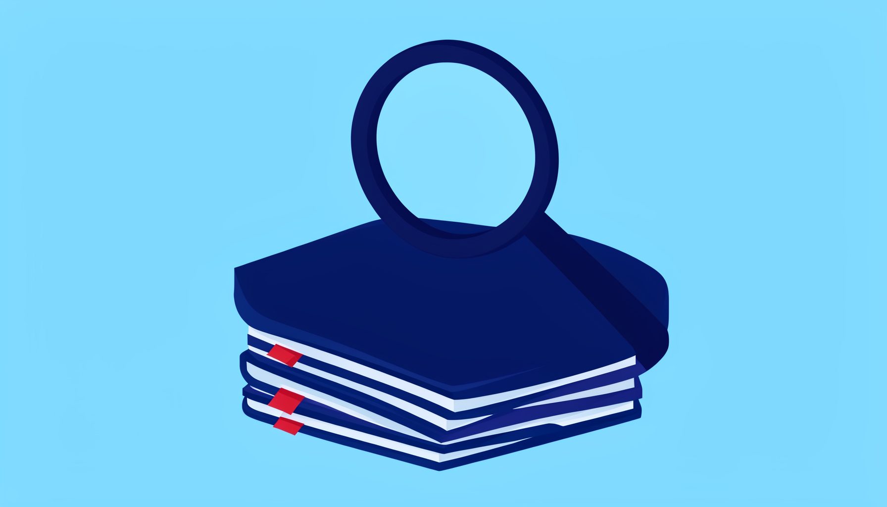 Flat vector illustration of a magnifying glass hovering over stacked navy-blue journal pages with small red accent bookmarks, calm and studious mood