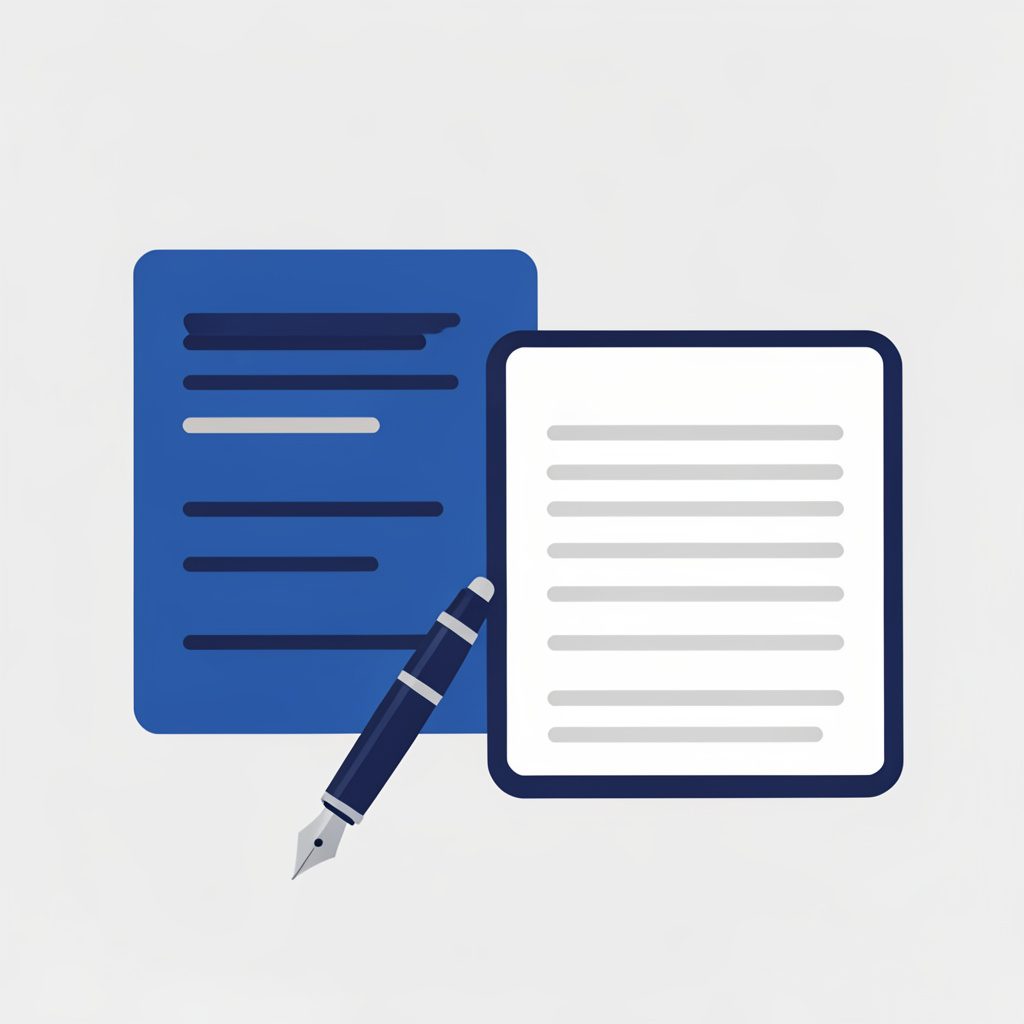 Flat vector illustration of a stack of paper documents and a fountain pen resting beside an open notebook, rendered in navy blue, soft grey, and white tones, conveying a calm, studious mood