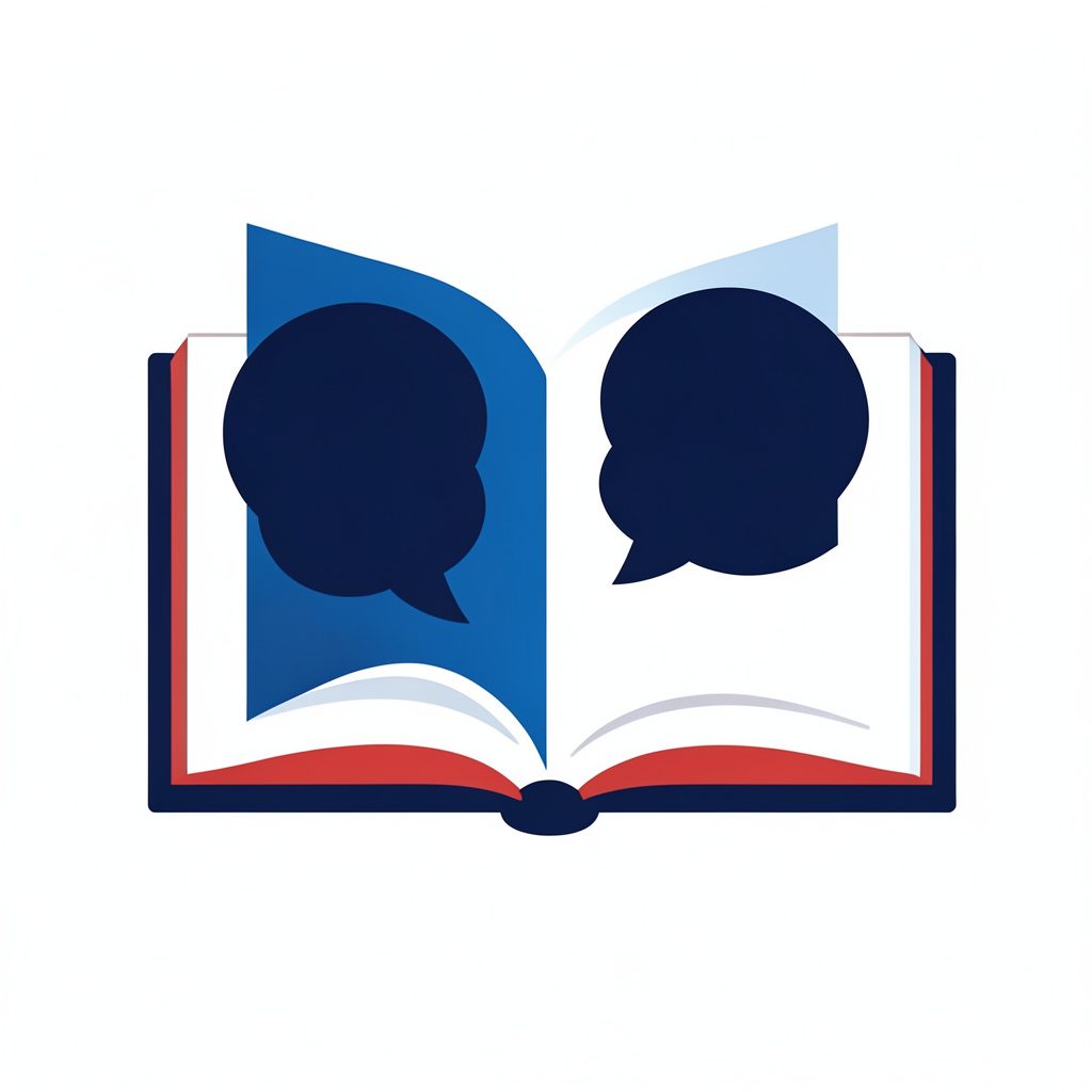 Flat vector illustration of an open journal with pages turning into abstract speech-bubble shapes, in deep navy blue, white, and a touch of red, calm and thoughtful mood