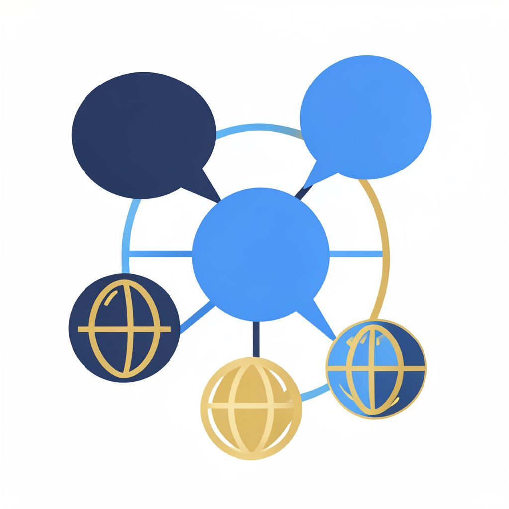 Flat vector illustration of interconnected speech bubbles and globe icons in soft navy blue and warm gold tones, conveying global communication and community support