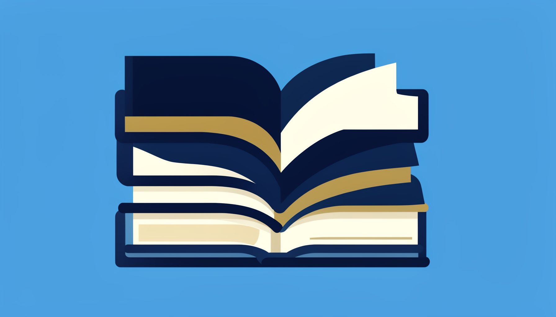 Flat vector illustration of stacked academic journals and open pages in deep navy blue, soft cream, and muted gold tones, conveying a calm scholarly atmosphere.
